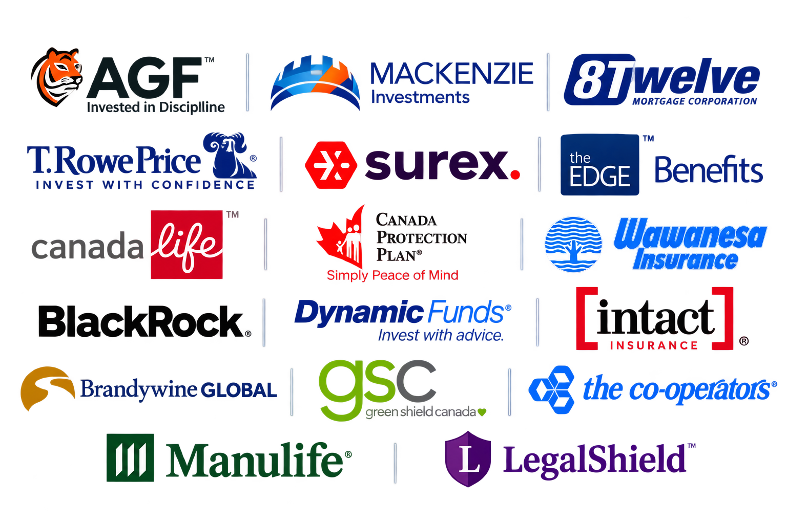 Financial partner network including AGF, Mackenzie Investments, 8Twelve, T. Rowe Price, Surex, The Edge Benefits, Canada Life, Canada Protection Plan, Wawanesa, BlackRock, Dynamic Funds, Intact, Brandywine Global, GreenShield, The Co-operators, Manulife and LegalShield